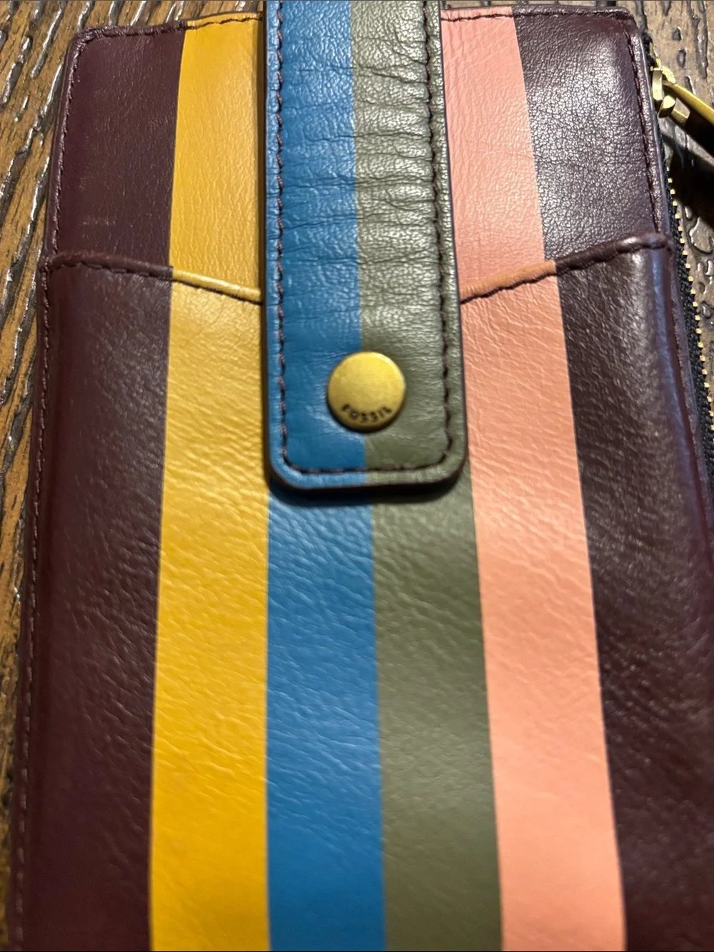 Fossil Burgundy Leather Wristlet Clutch with Yellow, Blue, Green & Pink Stripes